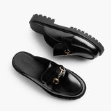 High-Traction Rubber Outsole & Lug Tread Pattern on Women's Penny Mule Black & Gold Leather Loafers