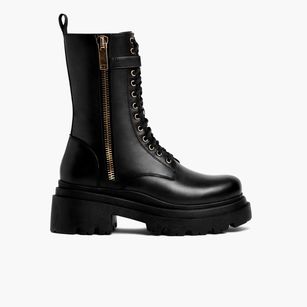 Fatale Negro & Gold Botas de cuero para Mujer - Contrafuerte de talón reforzado y doble costura de precisión