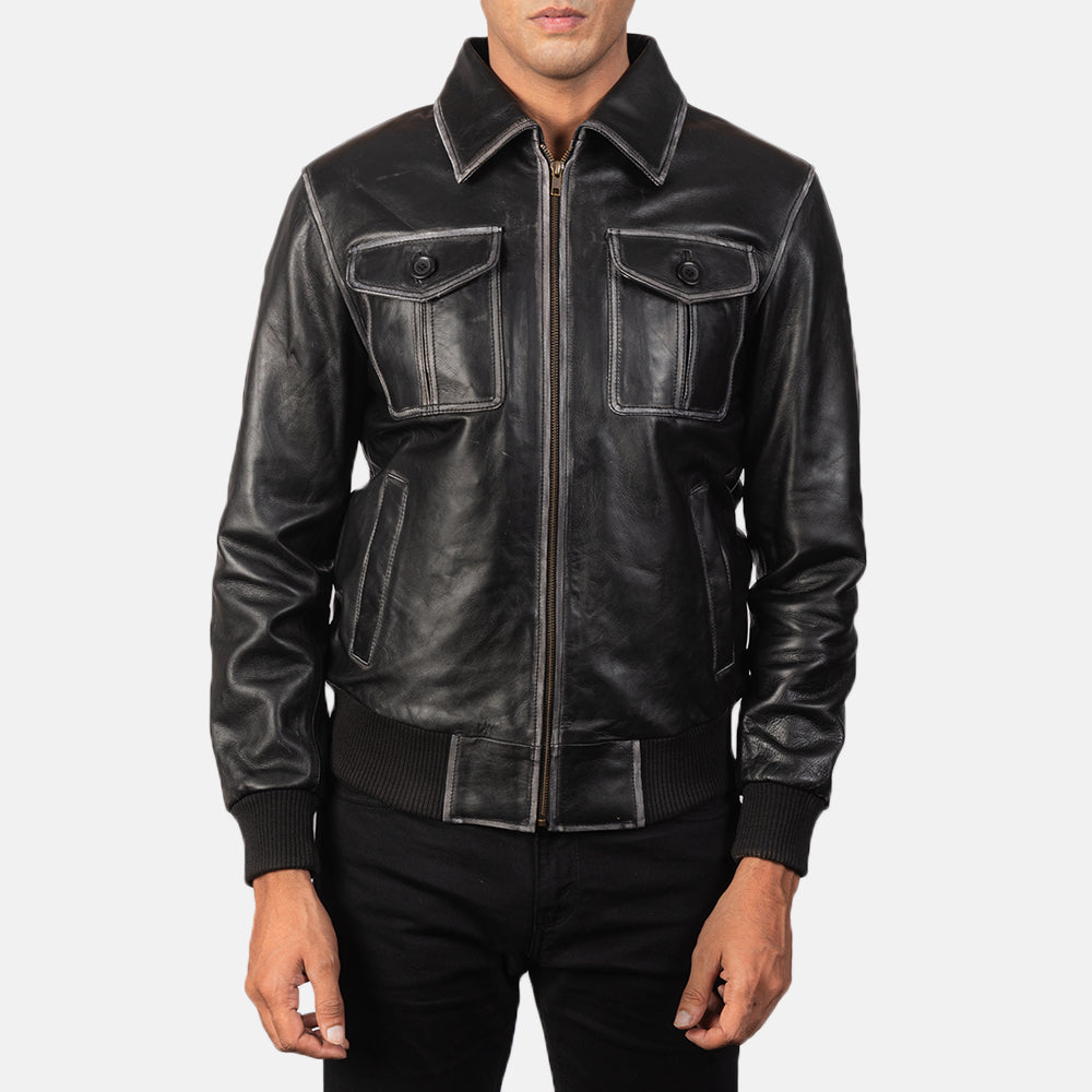 
Vista de detalle of High Neck & Zipper Hardware on Aaron Distressed Black Leather Bomber Jacket
