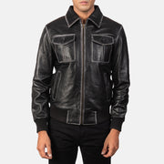 
Vista de detalle of High Neck & Zipper Hardware on Aaron Distressed Black Leather Bomber Jacket