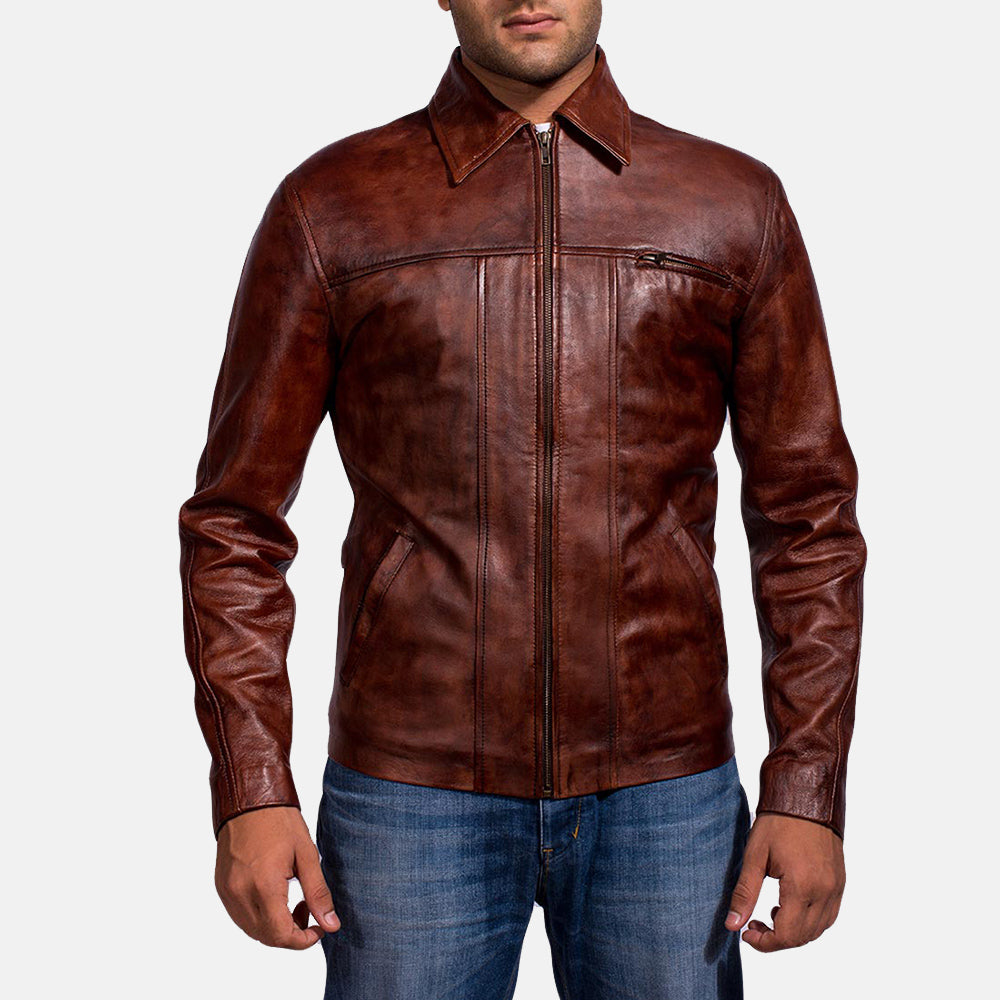 Men's Abstract Granate Chaqueta de Cuero para Hombre in Distressed Brown Sheep Skin Burnishing - Vista frontal y silueta a medida | Comprar online