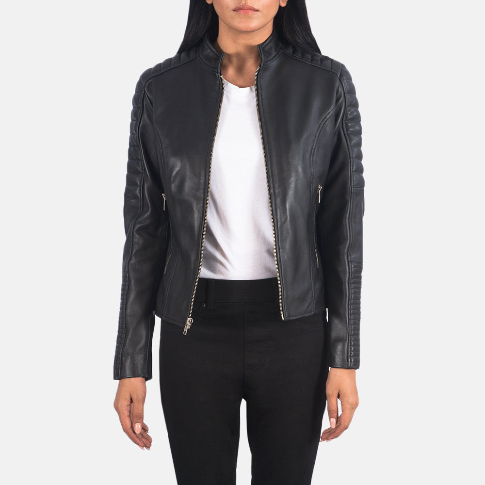Women's Adalyn Acolchado Negro Chaqueta Biker de Cuero para Mujer in Black Sheepskin Leather - Vista frontal y silueta a medida | Comprar online