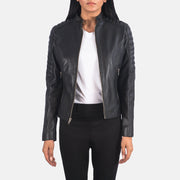 Women's Adalyn Acolchado Negro Chaqueta Biker de Cuero para Mujer in Black Sheepskin Leather - Vista frontal y silueta a medida | Comprar online