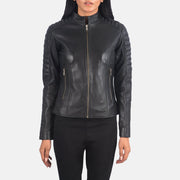 Detalle de cerca of Band &amp; Zipper Hardware on Women's Adalyn Acolchado Negro Chaqueta Biker de Cuero para Mujer