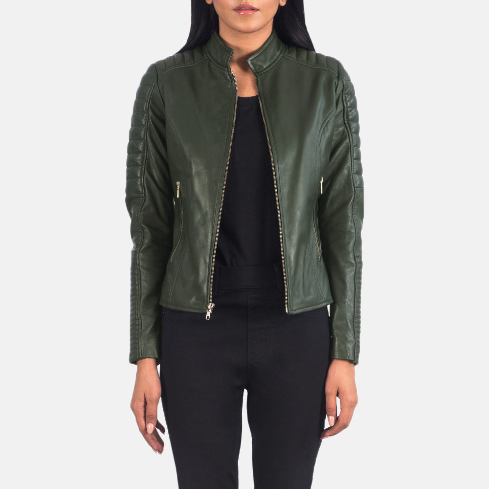 Women's Adalyn Acolchado Verde Chaqueta Biker de Cuero para Mujer in Green Sheepskin Leather - Vista frontal y silueta a medida | Comprar online