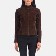 Women's Adalyn Acolchado Mocha Suede Chaqueta Biker de Cuero para Mujer in Mocha Brown Goatskin Suede - Vista frontal y silueta a medida | Comprar online