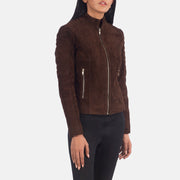 Mocha Brown Goatskin Suede Biker Jacket - Vista trasera con ajuste entallado en hombros y bajo impecable