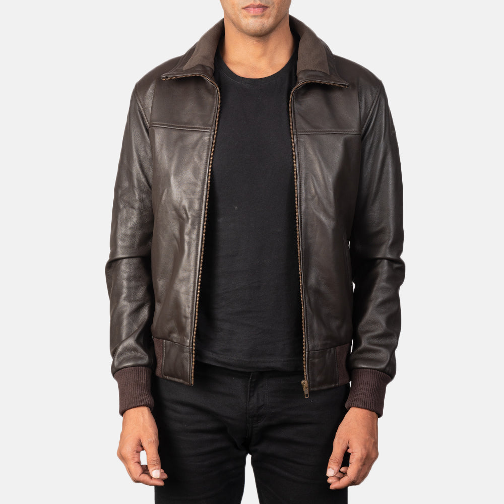Men's Air Rolf Mocha Brown Leather Bomber Jacket in Dark Brown Sheepskin Leather - Vista frontal y silueta a medida | Comprar online