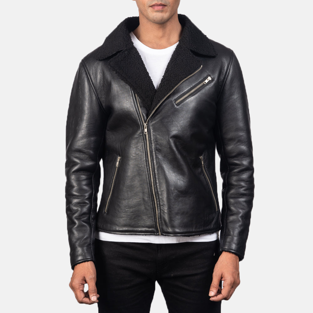 Men's Alberto Shearling Negro Chaqueta de Cuero para Hombre - Vista de perfil lateral con corte ergonómico de manga