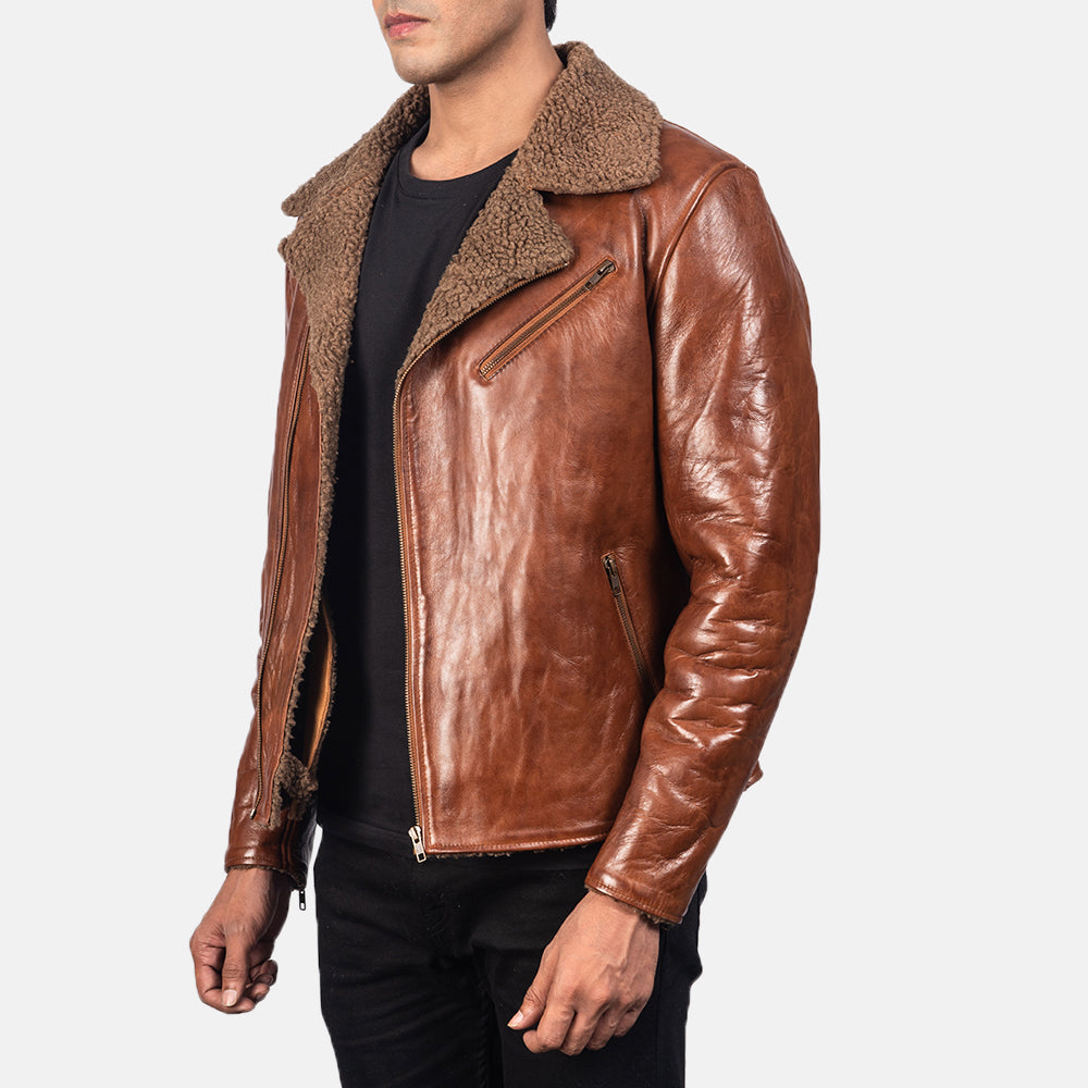 Brown Sheepskin Leather Biker Jacket - Vista trasera con ajuste entallado en hombros y bajo impecable