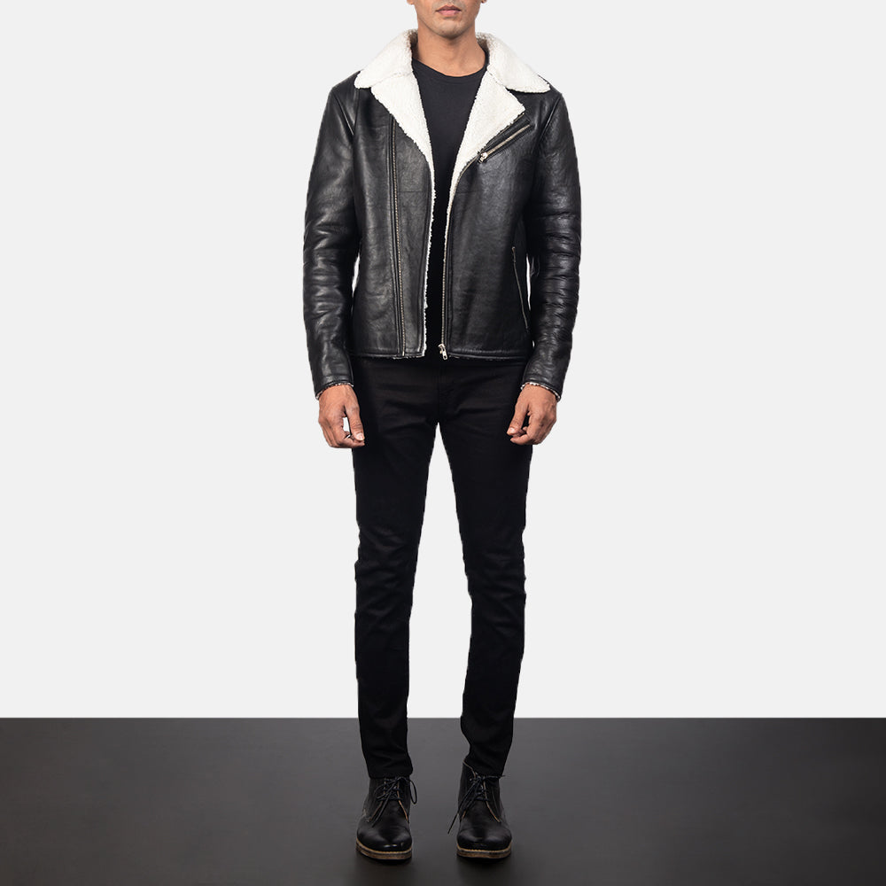 Detalle de cerca of Notch &amp; Zipper Hardware on Men's Alberto Blanco Shearling Negro Chaqueta de Cuero para Hombre