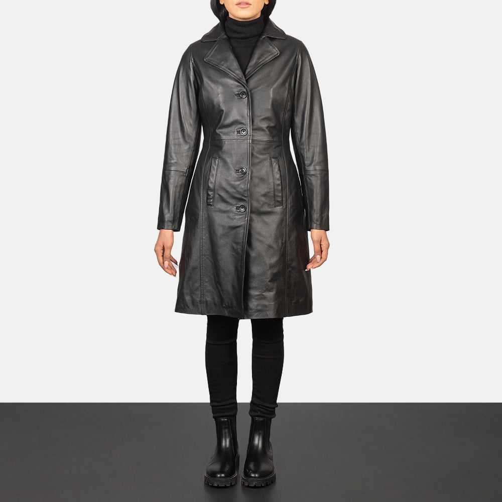 Women's Alexis Negro Single Breasted Abrigo de Cuero para Mujer in Black Cowhide Leather - Vista frontal y silueta a medida | Comprar online