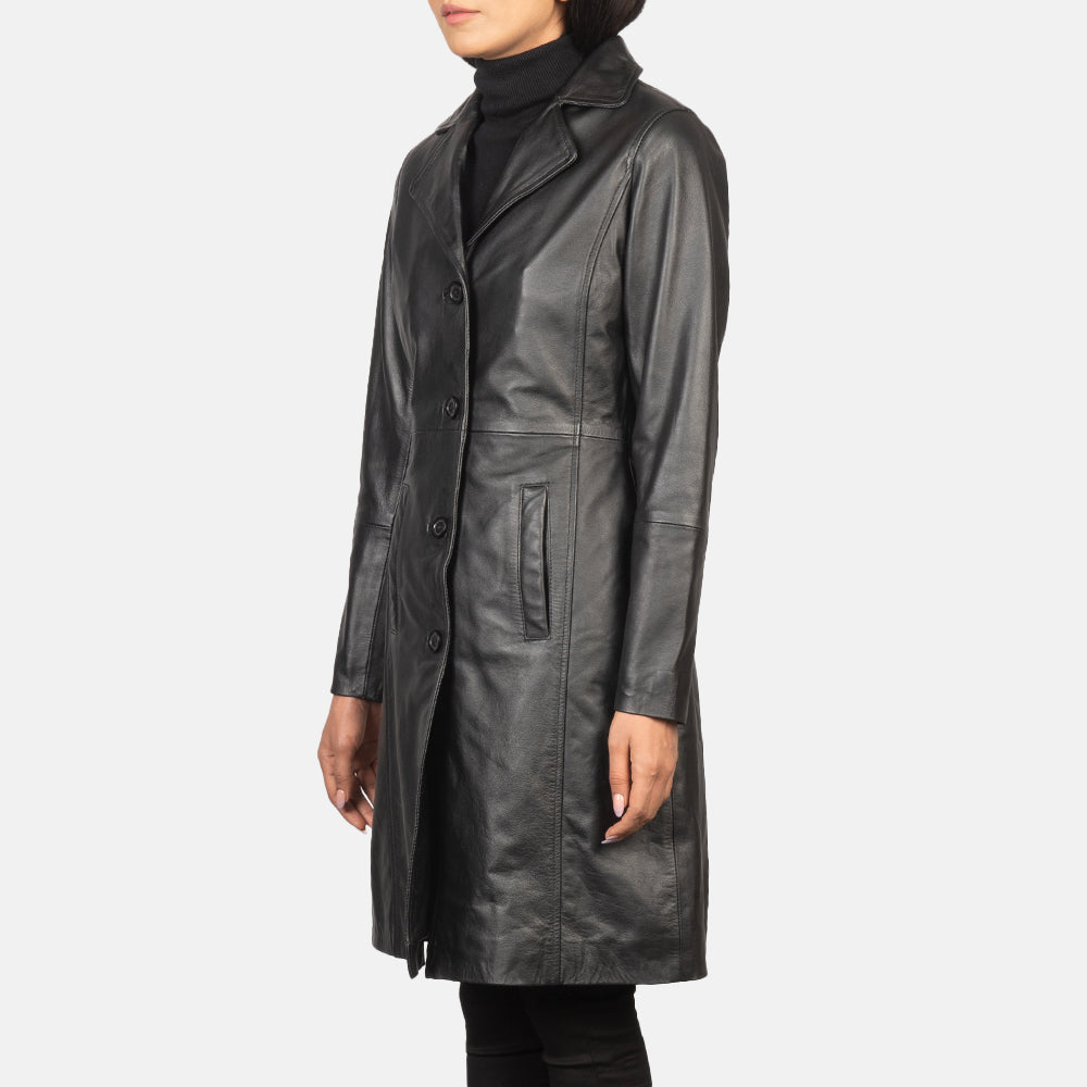 Women's Alexis Negro Single Breasted Abrigo de Cuero para Mujer - Vista de perfil lateral con corte ergonómico de manga