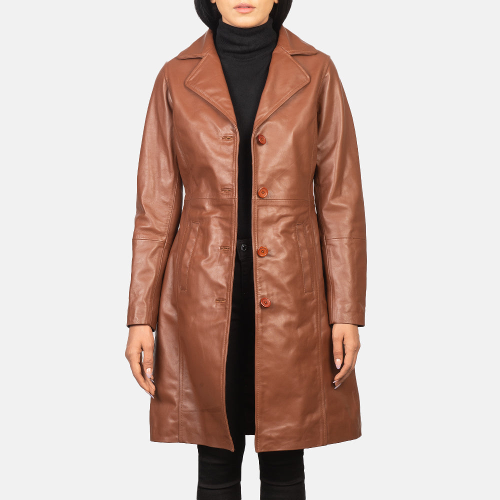 Women's Alexis Marrón Single Breasted Abrigo de Cuero para Mujer in Brown Cowhide Leather - Vista frontal y silueta a medida | Comprar online