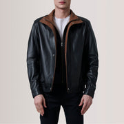 Alfred Brown Leather Bomber Jacket For Men in Brown Sheepskin Leather - Vista frontal y silueta a medida | Comprar online