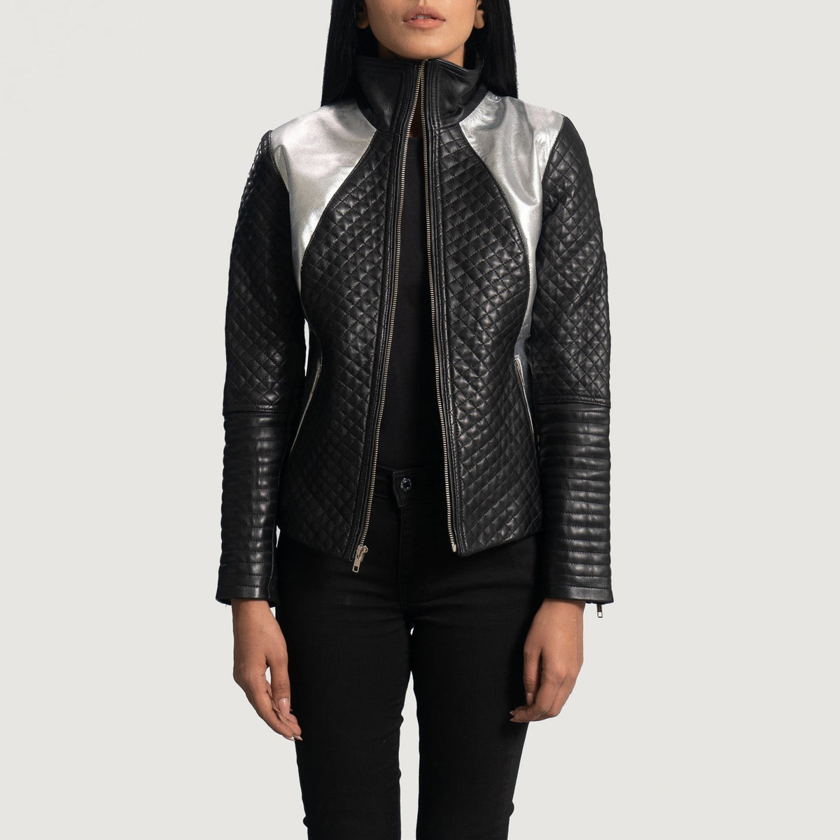 Women's Alia Metallic Negro Chaqueta Biker de Cuero para Mujer in Black Sheepskin Leather - Vista frontal y silueta a medida | Comprar online