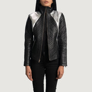 Women's Alia Metallic Negro Chaqueta Biker de Cuero para Mujer in Black Sheepskin Leather - Vista frontal y silueta a medida | Comprar online