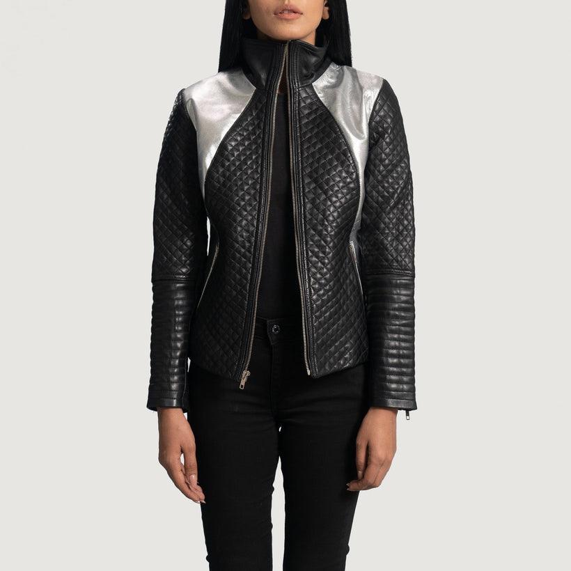 Alia Metallic Negro Chaqueta Biker de Cuero para Mujer