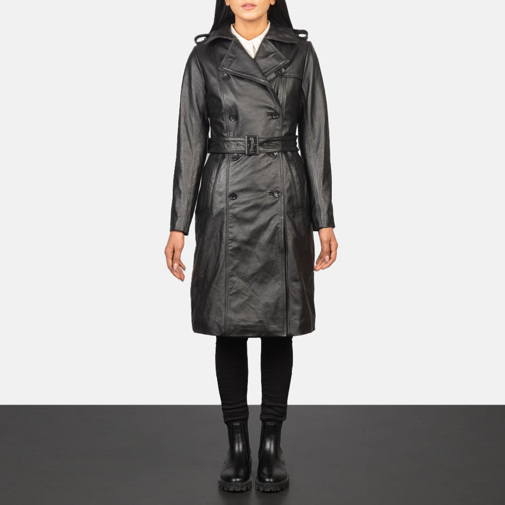 Women's Alice Black Double Breasted Leather Coat in Black Cowhide Leather - Vista frontal y silueta a medida | Comprar online
