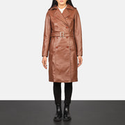Women's Alice Marrón Double Breasted Abrigo de Cuero para Mujer in Black Cowhide Leather - Vista frontal y silueta a medida | Comprar online