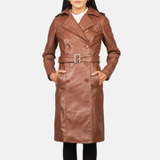 Women's Alice Marrón Double Breasted Abrigo de Cuero para Mujer - Vista de perfil lateral con corte ergonómico de manga