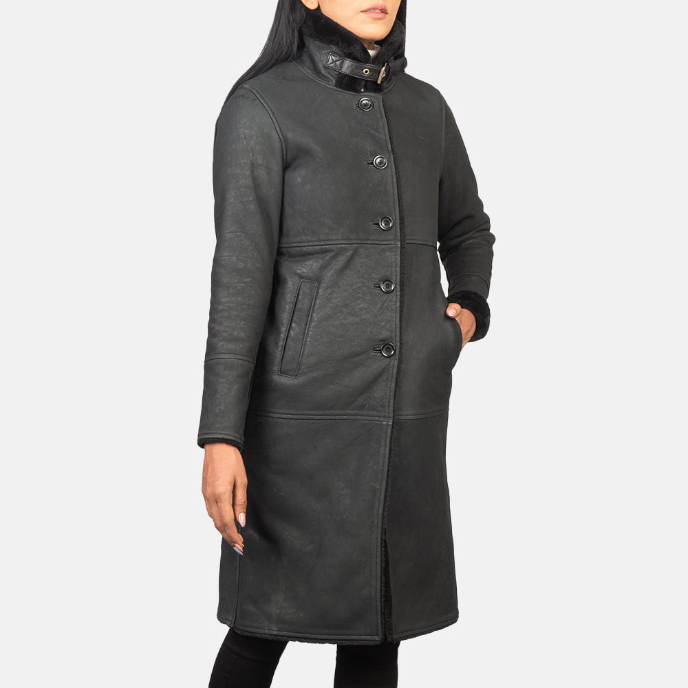 Distressed Black Sheepskin Leather Aviator Jacket - Back View Showing Tailored Shoulder Fit & Clean Hemline