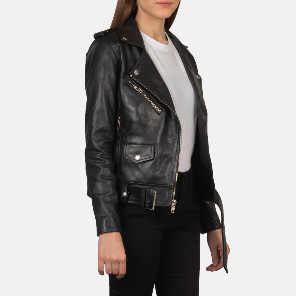 Black Cowhide Leather Biker Jacket - Vista trasera con ajuste entallado en hombros y bajo impecable