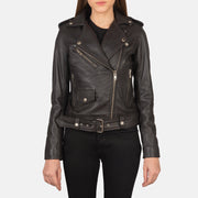 Detalle de cerca of Notch &amp; Zipper Hardware on Women's Alison Marrón Chaqueta Biker de Cuero para Mujer