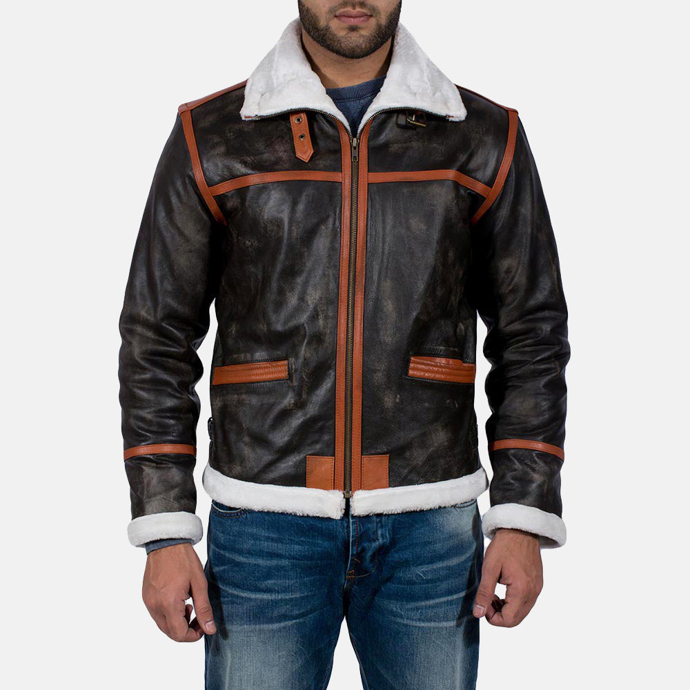 Men's Alpine Marrón Fur Chaqueta de Cuero para Hombre in Distressed Brown Goatskin Leather - Vista frontal y silueta a medida | Comprar online