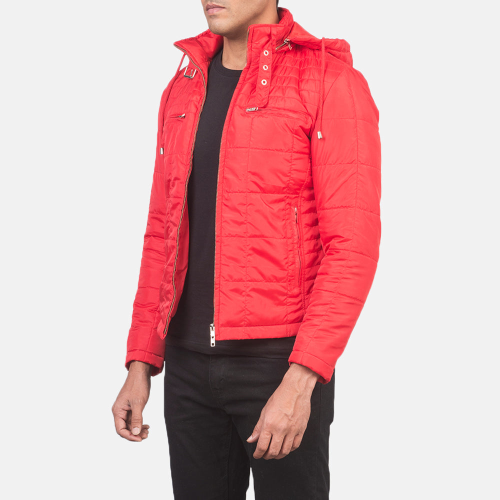 
Red Nylon Winter Jacket - Vista posterior con hombros definidos y bajo impecable