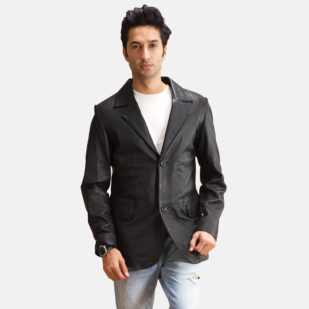 Alyson Negro Blazer de Cuero de Cuero para Hombre in Black Sheepskin Leather - Vista frontal y silueta a medida | Comprar online