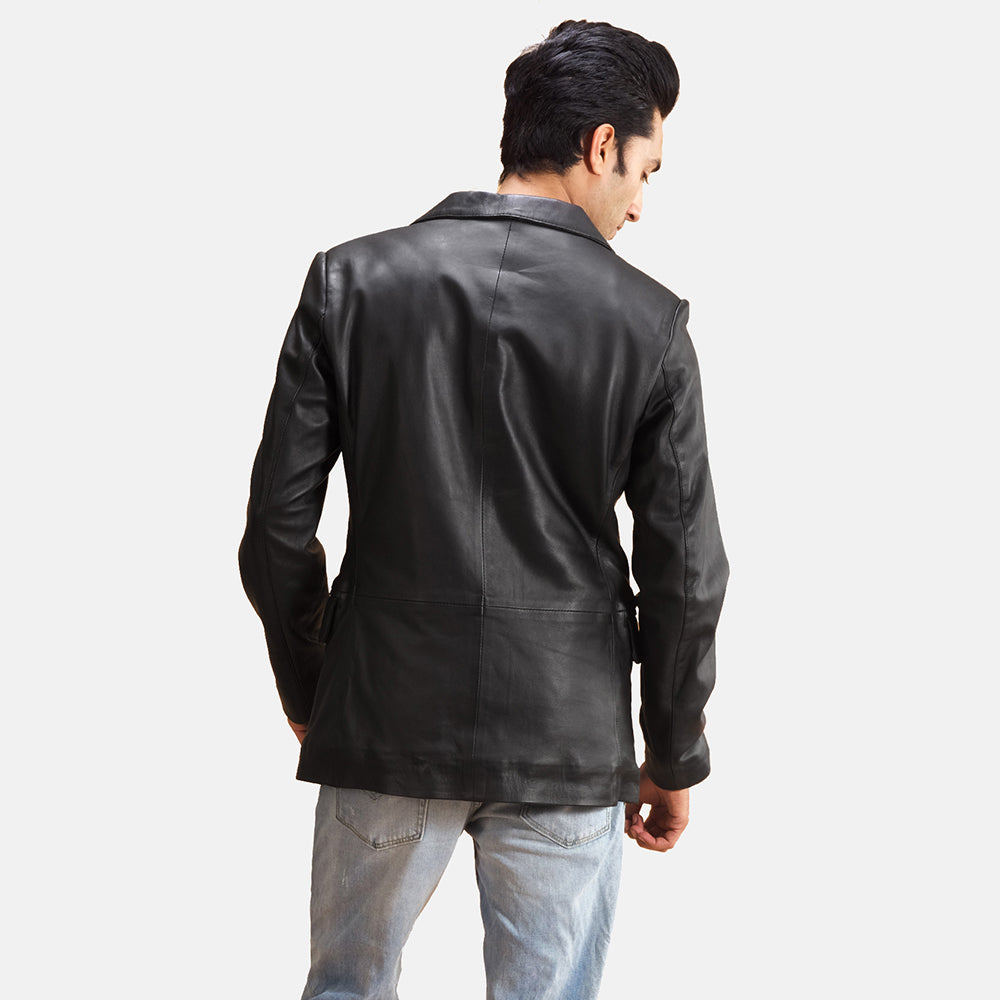Detalle de cerca of Notch &amp; Button Hardware on Alyson Negro Blazer de Cuero de Cuero para Hombre