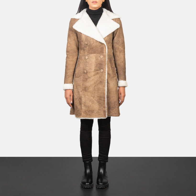 Amie Efecto Envejecido Marrón Double-Breasted Shearling Abrigo de Cuero para Mujer