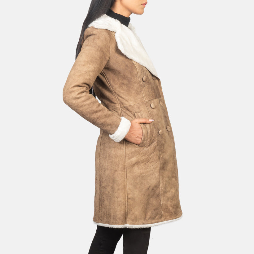 Amie Efecto Envejecido Marrón Double-Breasted Shearling Abrigo de Cuero para Mujer