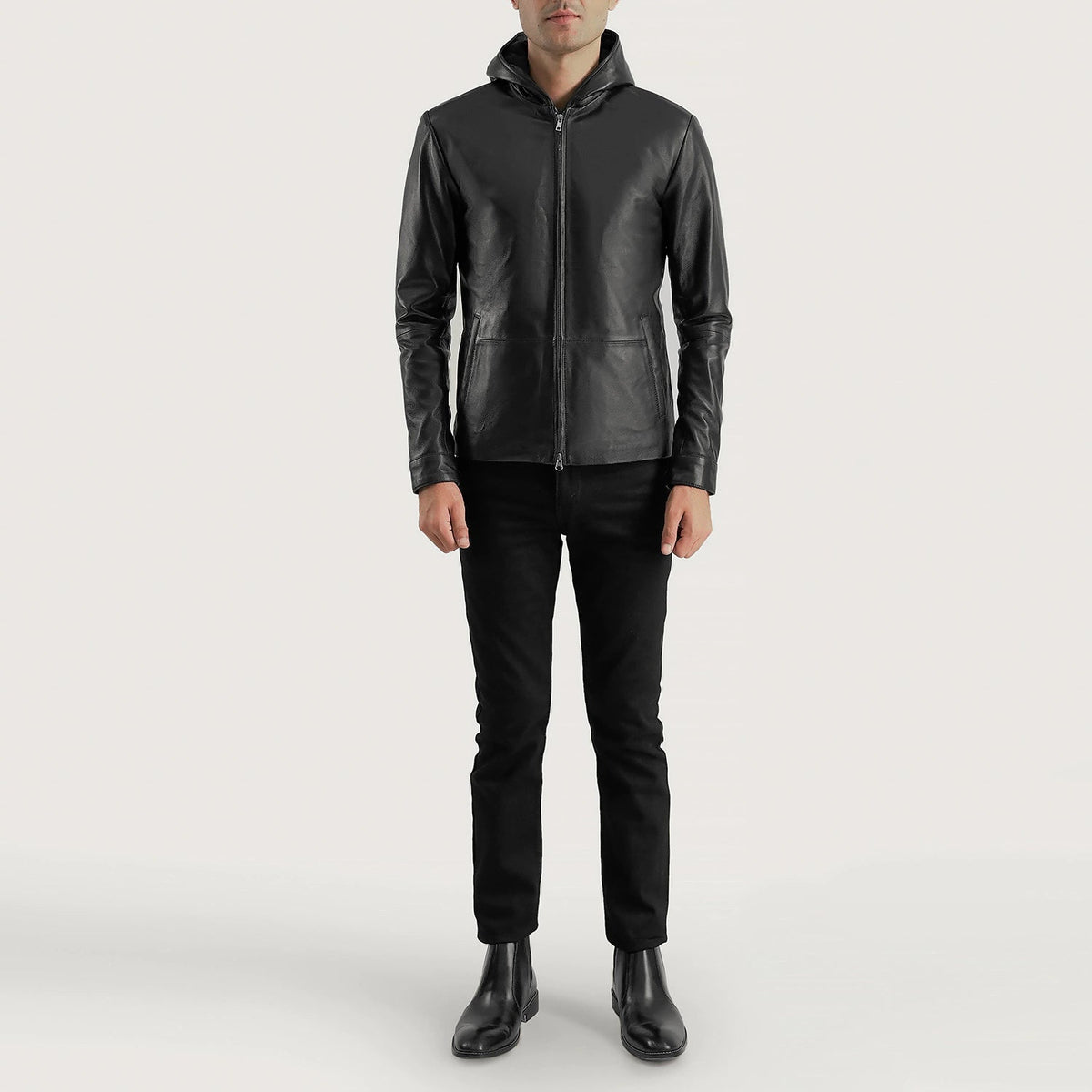 Detalle de cerca of Hooded &amp; Zipper Hardware on Men's Andy Matte Negro Hooded Chaqueta de Cuero para Hombre