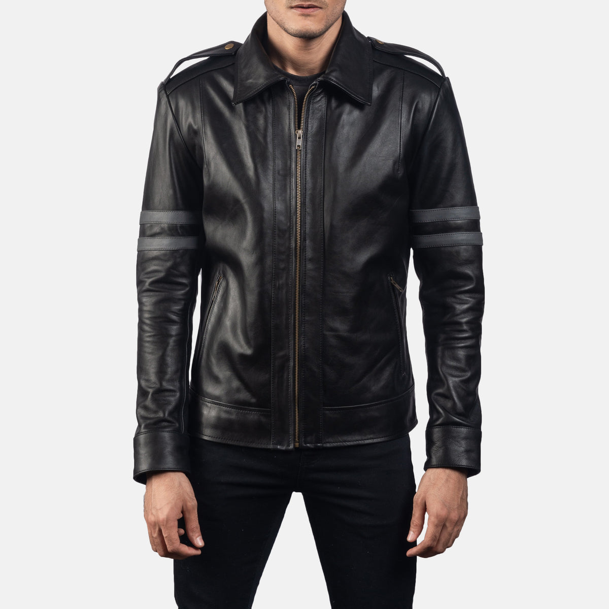 Armstrong Negro Chaqueta Biker de Cuero para Hombre in Black Cowhide Leather - Vista frontal y silueta a medida | Comprar online