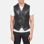 
Vista de detalle of Classic Collar & 5 Button Hardware on Auden Negro Chaleco de Cuero para Hombre