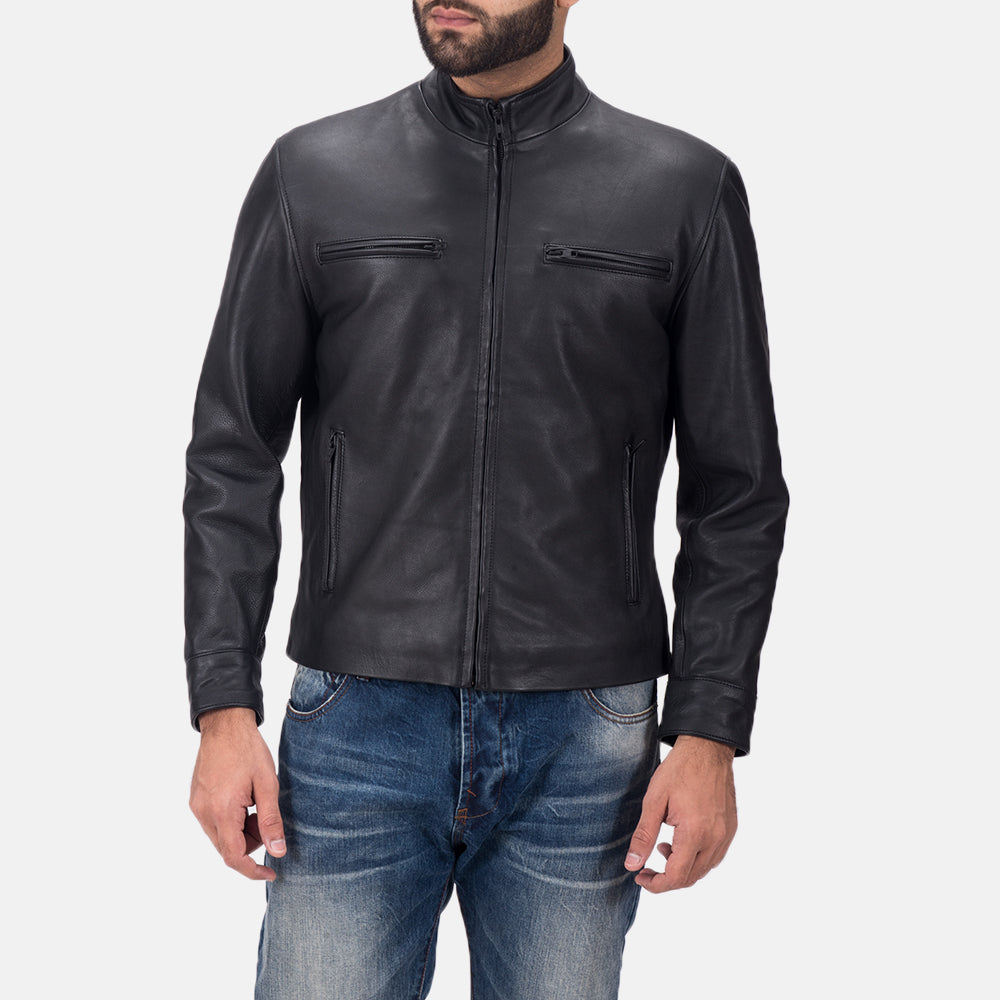Austere Matte Negro Chaqueta Biker de Cuero para Hombre in Black Calfskin Matte - Vista frontal y silueta a medida | Comprar online