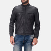 Austere Matte Negro Chaqueta Biker de Cuero para Hombre in Black Calfskin Matte - Vista frontal y silueta a medida | Comprar online