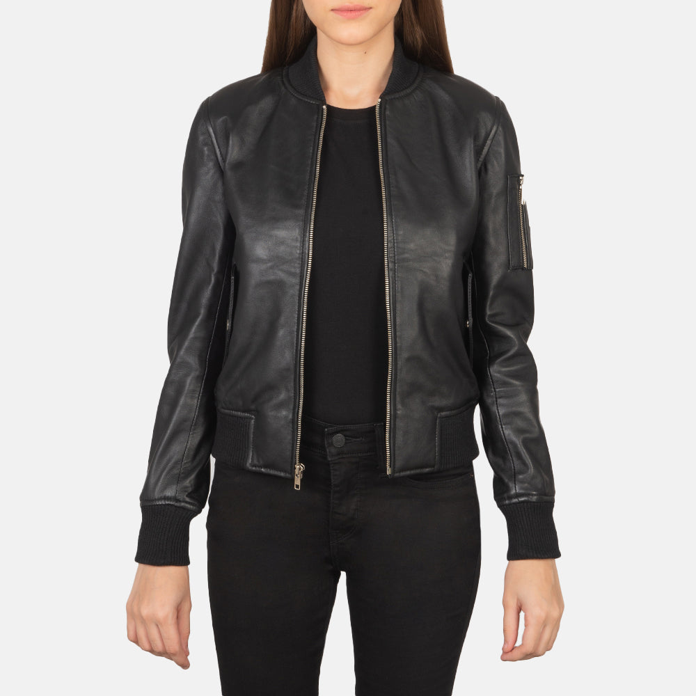 Women's Ava Ma-1 Black Leather Bomber Jacket in Black Sheepskin Leather - Vista frontal y silueta a medida | Comprar online