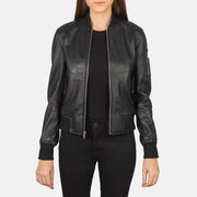Women's Ava Ma-1 Black Leather Bomber Jacket in Black Sheepskin Leather - Vista frontal y silueta a medida | Comprar online