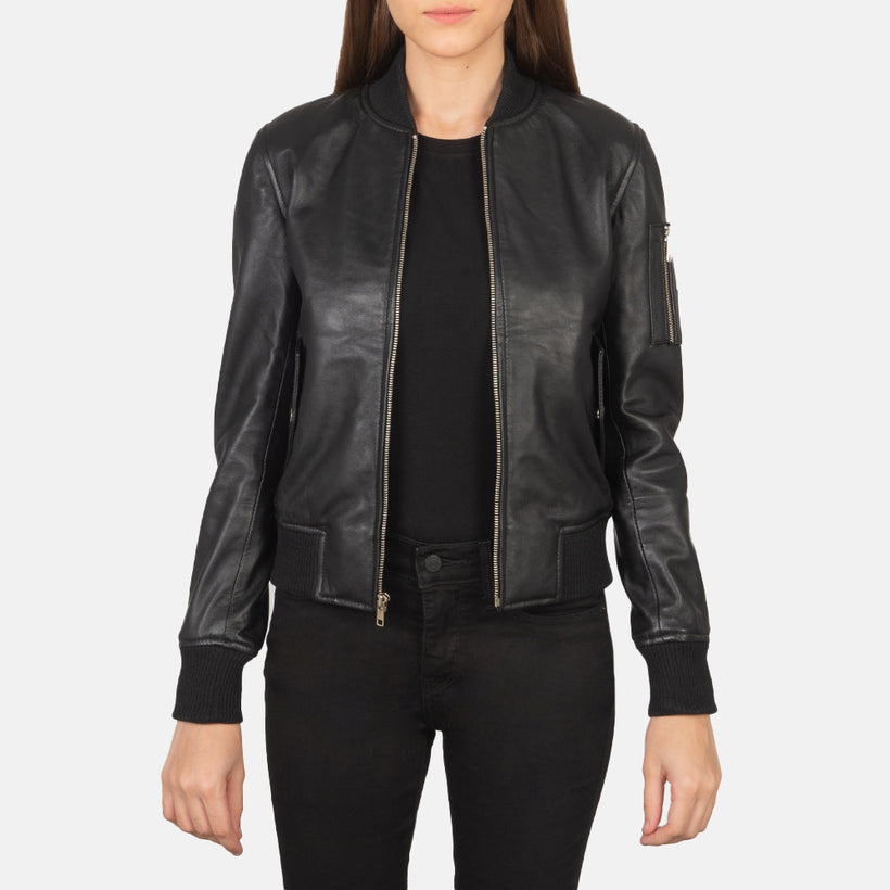 Ava MA-1 Negro Cazadora Bomber de Cuero para Mujer
