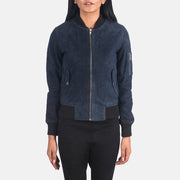 
Vista de detalle of Rib Knit & Zipper Hardware on Ava Ma-1 Blue Suede Bomber Jacket