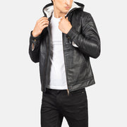 Men's Baston Black Hooded Leather Bomber Jacket in Black Sheepskin Leather - Vista frontal y silueta a medida | Comprar online