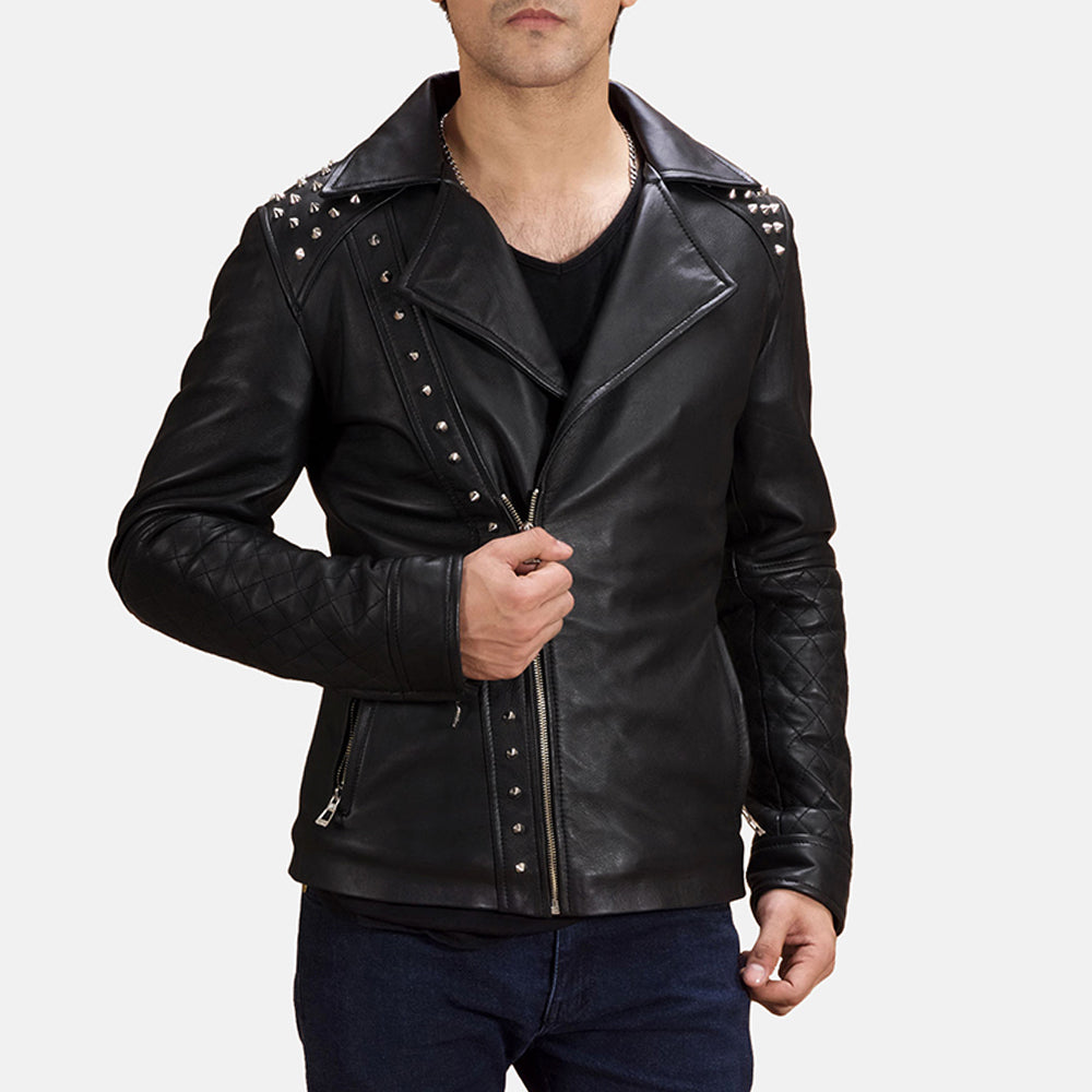 Men's Negro Studded Chaqueta Biker de Cuero para Hombre in Black Sheepskin Leather - Vista frontal y silueta a medida | Comprar online