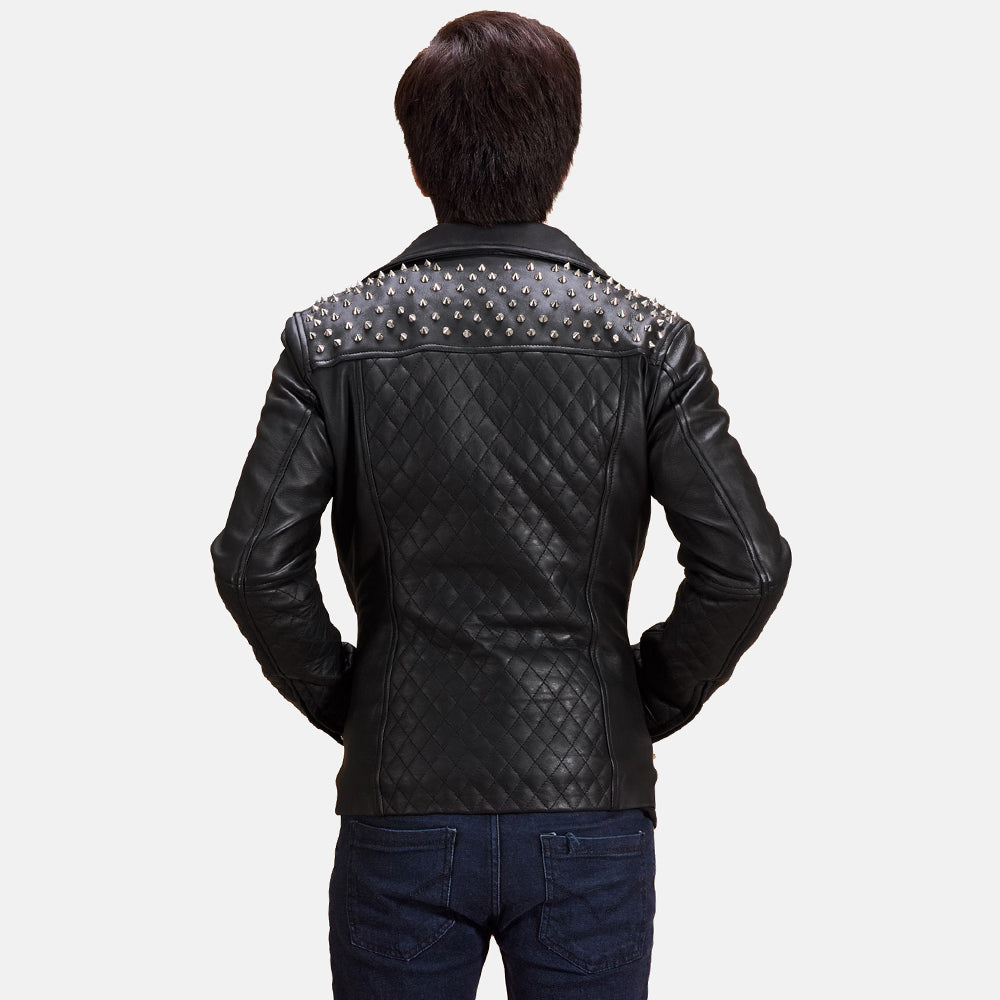 Detalle de cerca of Notch &amp; Zipper Hardware on Men's Negro Studded Chaqueta Biker de Cuero para Hombre