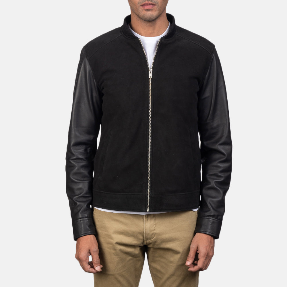 Men's Blain Brown Suede Bomber Jacket - Vista de perfil lateral con corte ergonómico de manga
