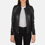 Women's Bliss Negro Cazadora Bomber de Cuero para Mujer in Black Sheepskin Leather - Vista frontal y silueta a medida | Comprar online