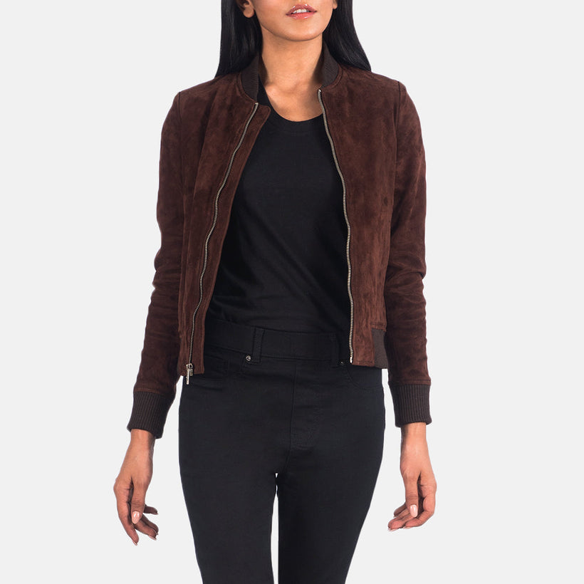 Bliss Marrón Suede Cazadora Bomber de Cuero para Mujer