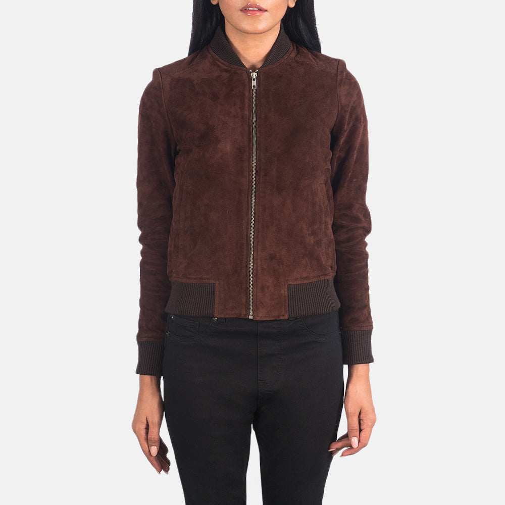 Detalle de cerca of Varsity - Rib Knit &amp; Zipper with Wind Flap Hardware on Women's Bliss Marrón Suede Cazadora Bomber de Cuero para Mujer